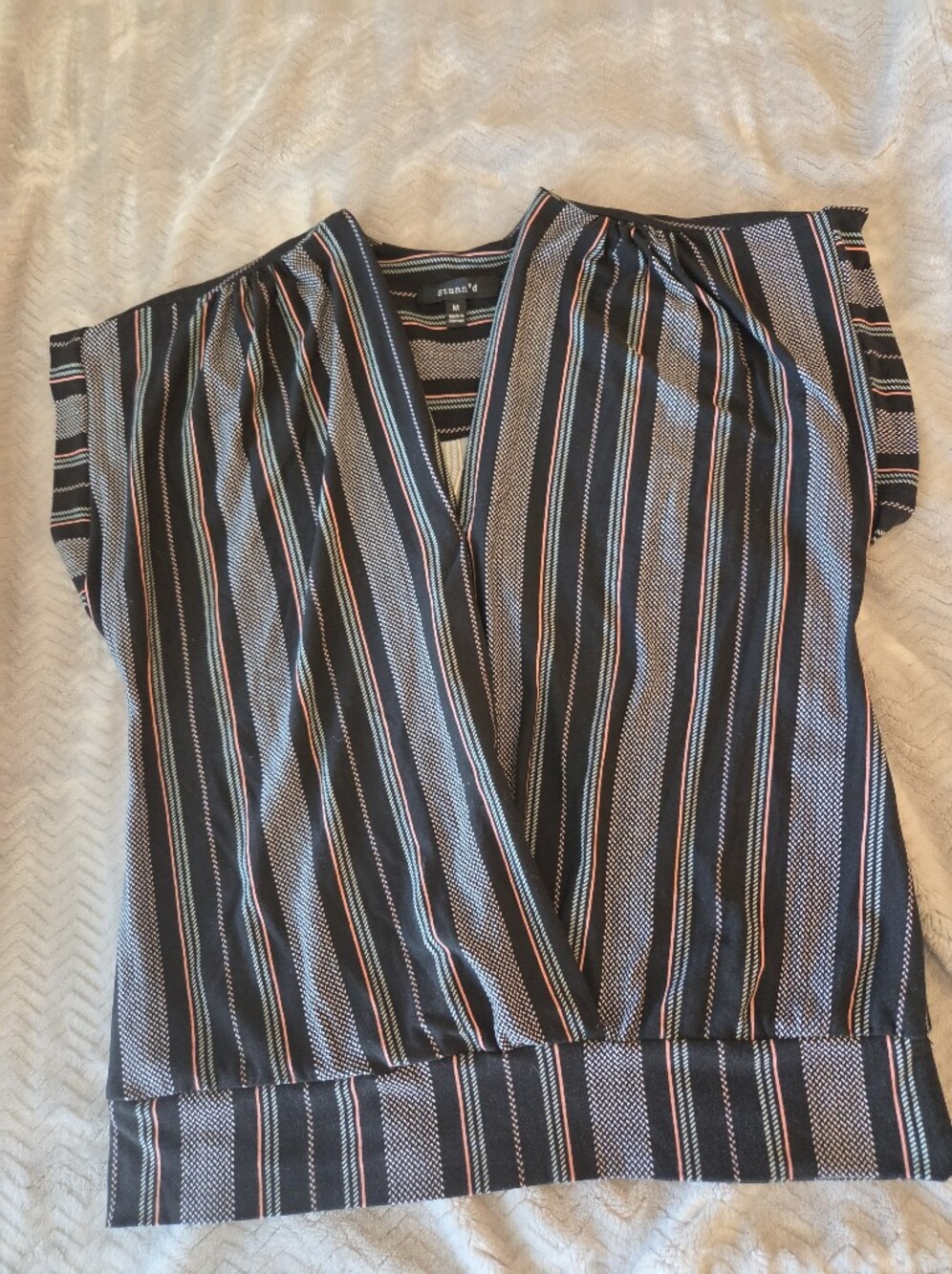 Striped V-Neck Short Sleeve Top in Black with Multi-Color Stripes